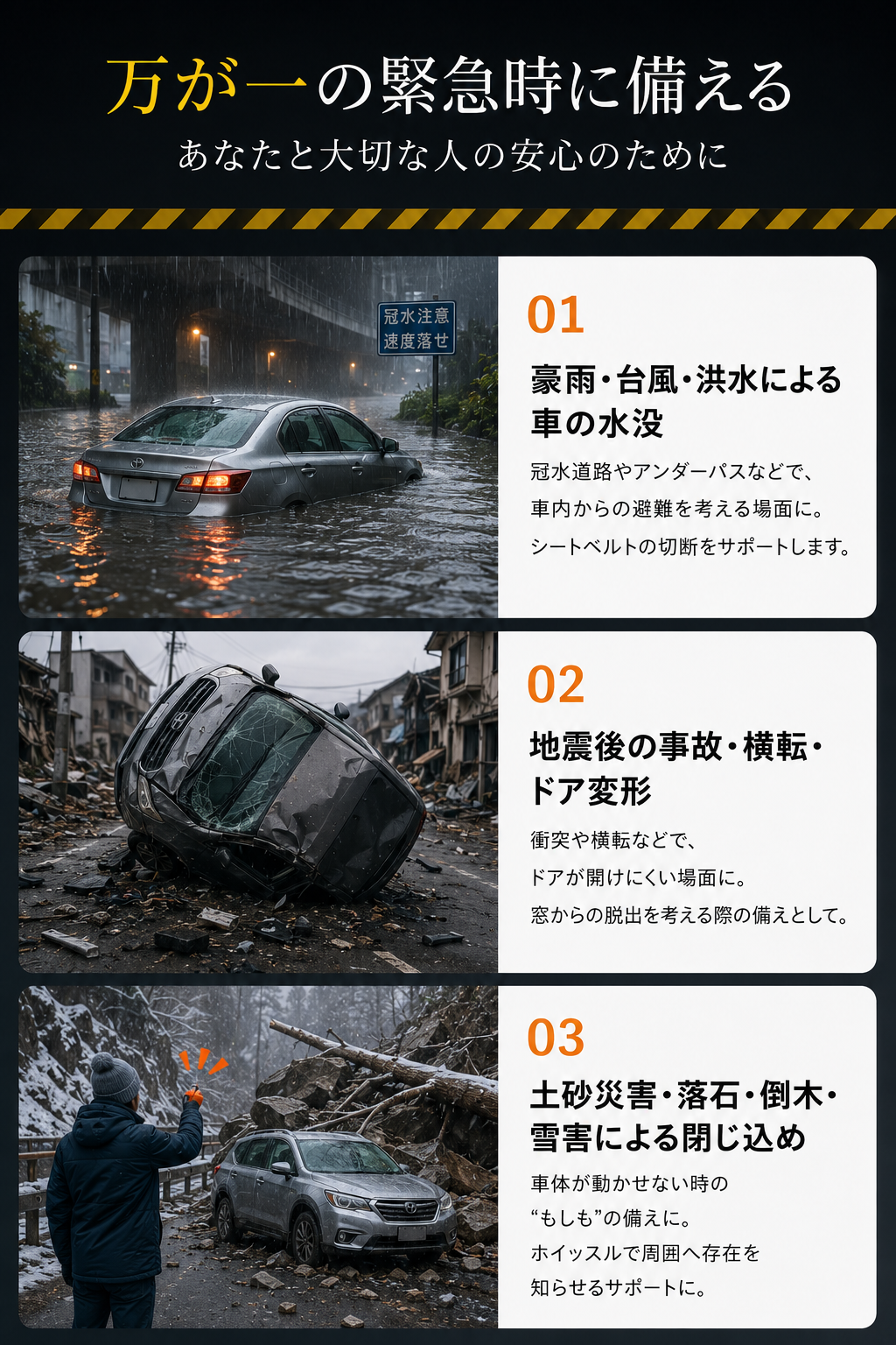 車内の“もしも”に備える 3-in-1緊急脱出補助ツール